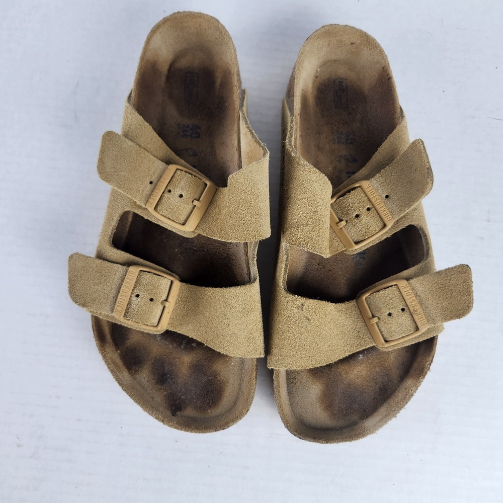 Birkenstock Arizona Tan Suede Two Strap Buckle Slide Sandals Mens 7 Womens 9 40